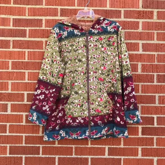 womens 2xl floral hoodie jacket zip up green burgundy blue fleece lined - Picture 1 of 11